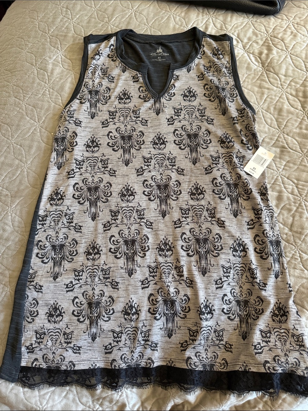 NWT Disney Gray and Black Sleeveless haunted mansion Printed Tank with Lace Trim